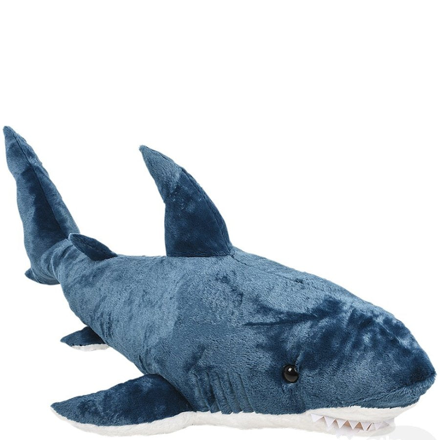Blue shark plush toy on a white background