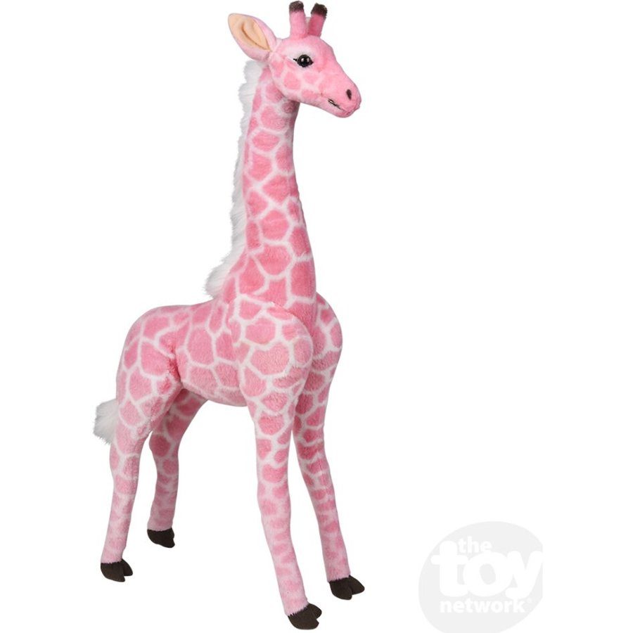 Pink plush giraffe toy on a white background
