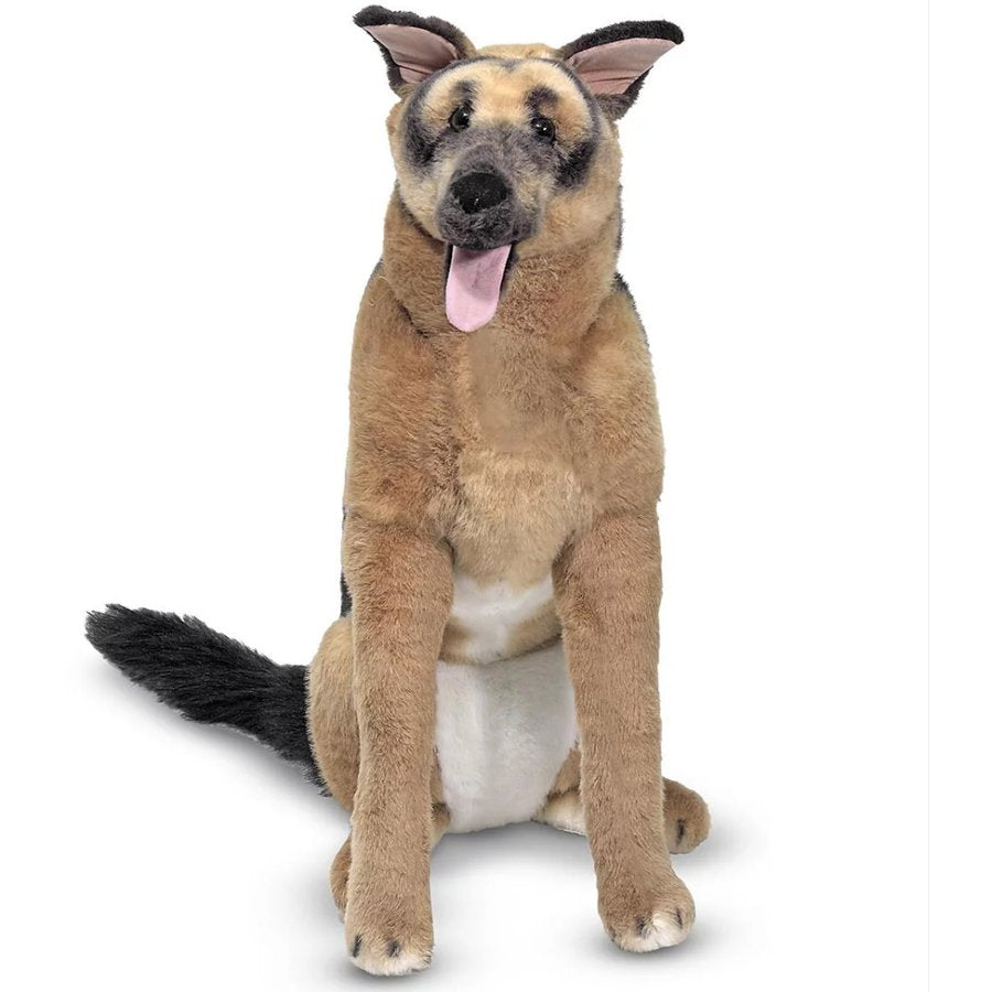 Plush toy resembling a German Shepherd dog on a white background