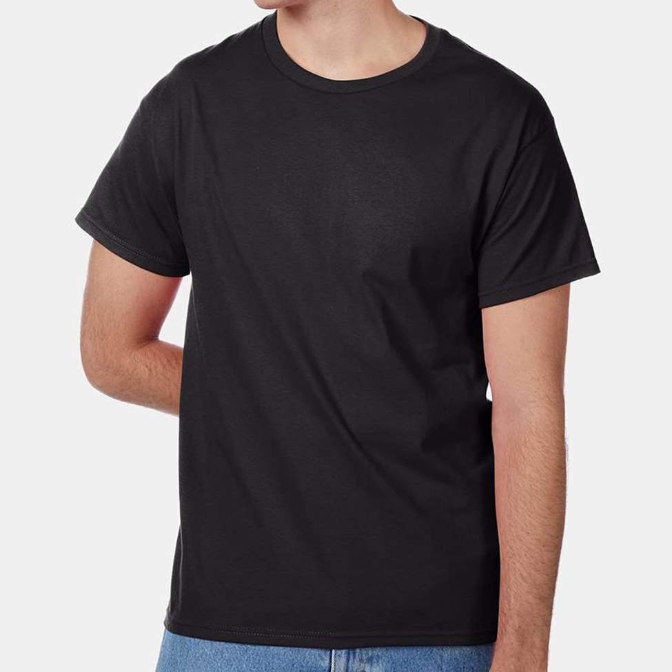 Person wearing a plain black t-shirt on a white background