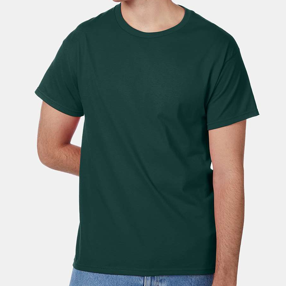 Person wearing a dark green t-shirt on a white background