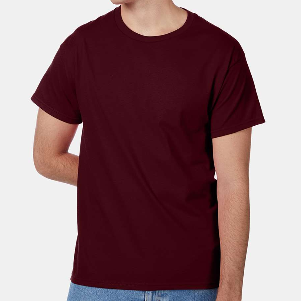 Maroon t-shirt worn by a person on a white background