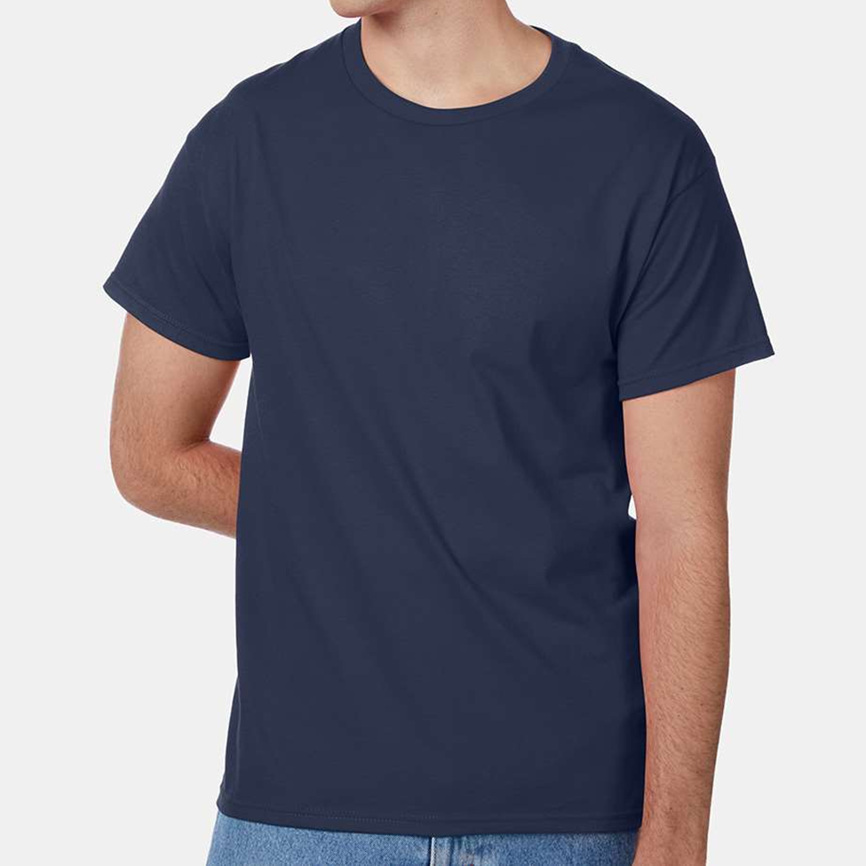 Person wearing a navy blue t-shirt on a white background