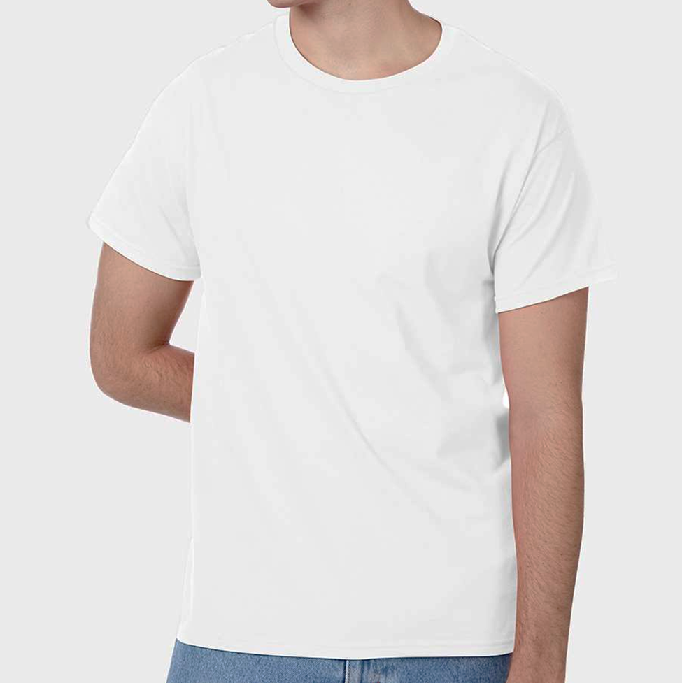 Person wearing a plain white t-shirt on a light gray background