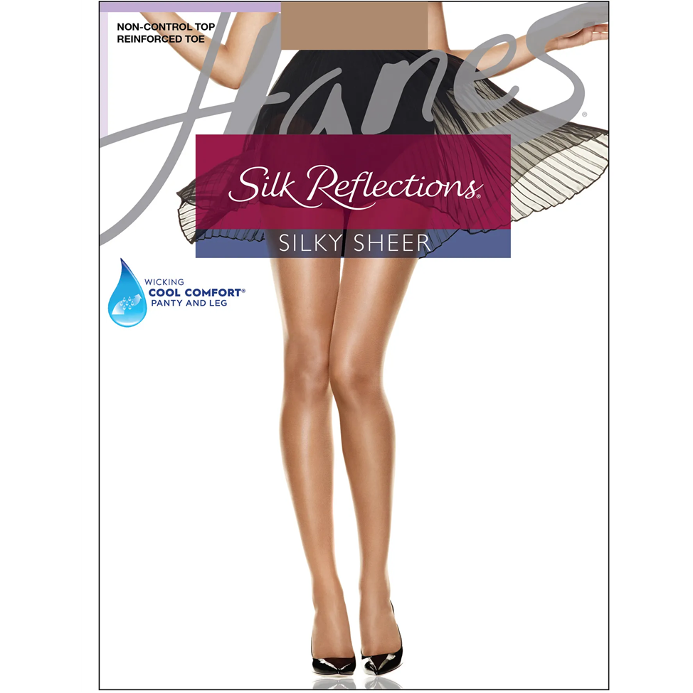 Fantes Silk Reflections silky sheer stockings packaging with a model wearing the stockings.