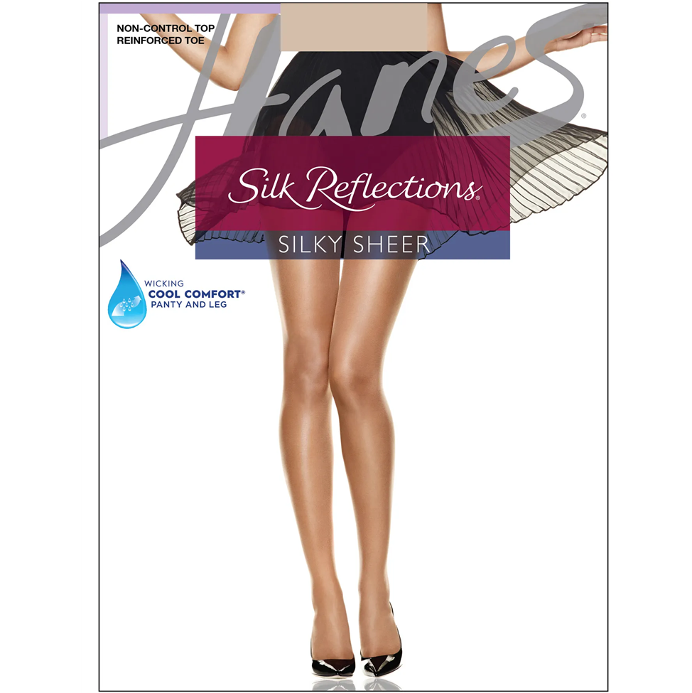 Fantes Silk Reflections silky sheer stockings packaging with a model wearing the stockings.