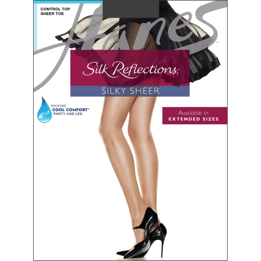 Hanes Silk Reflections silky sheer stockings packaging with a model wearing the stockings.