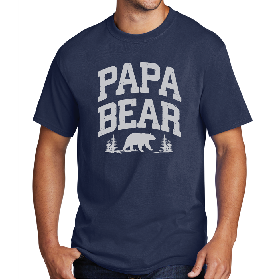 Navy blue t-shirt with 'Papa Bear' graphic on a white background