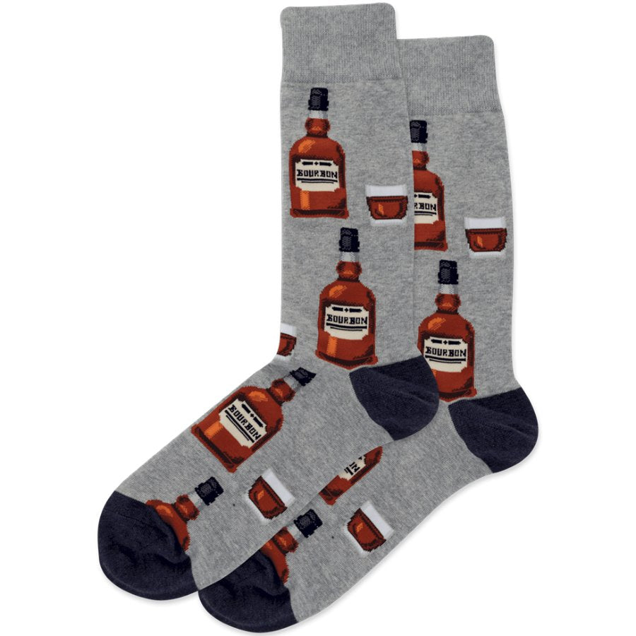 Gray socks with bourbon bottle and glass pattern on a white background