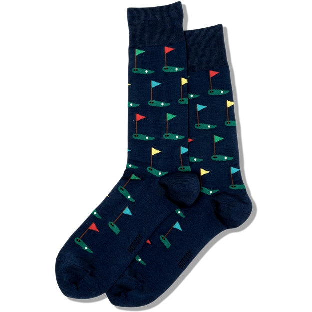 Navy blue socks with golf course pattern on a white background