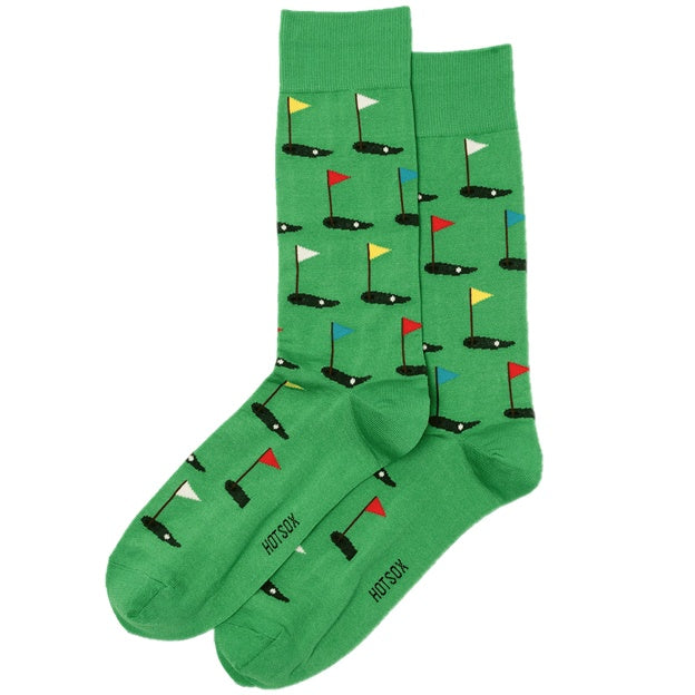 Green socks with golf course design on a white background