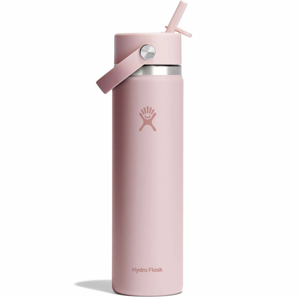 Pink Hydro Flask water bottle with straw lid on a white background
