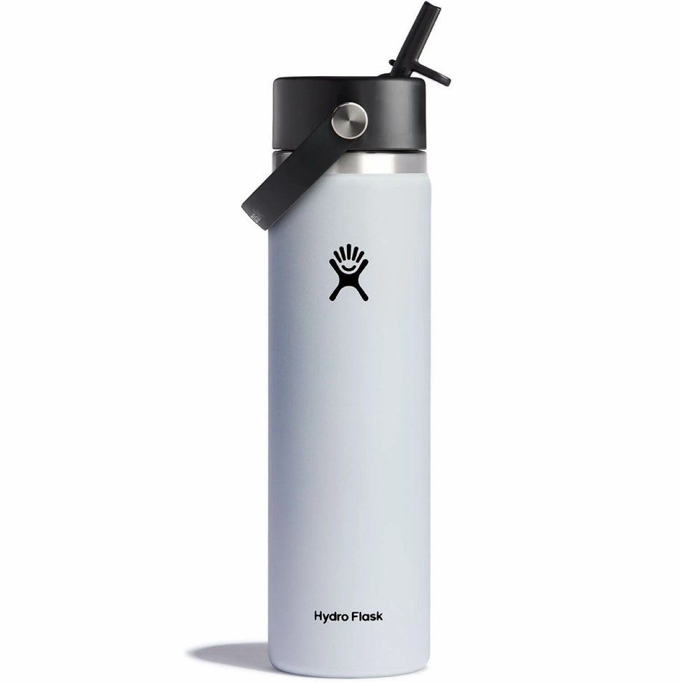 White Hydro Flask water bottle with black lid on a white background