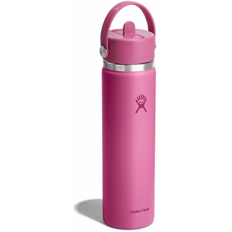 Pink water bottle with a handle on a white background