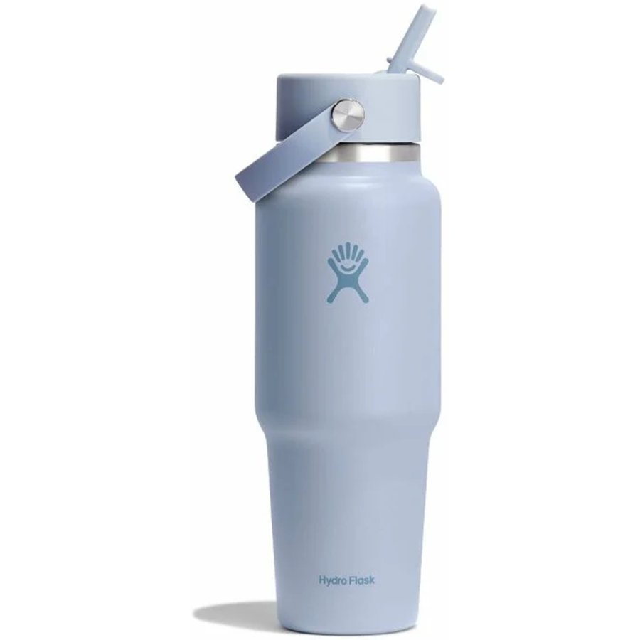 Light blue Hydro Flask water bottle with straw lid on a white background