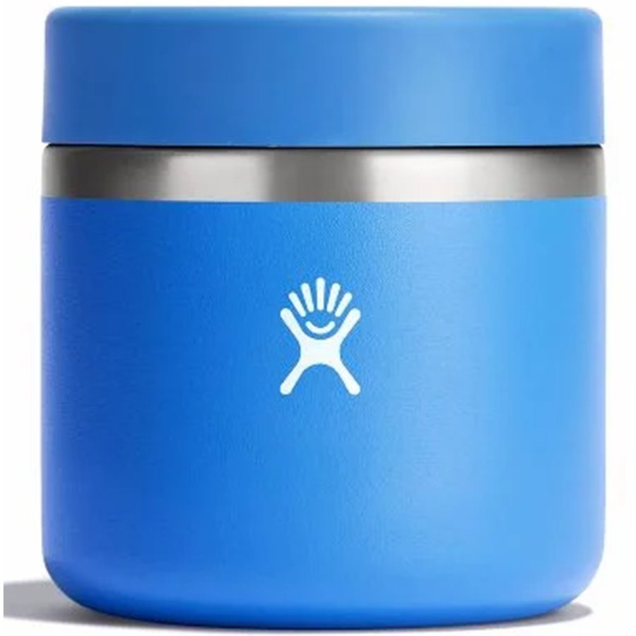 Blue thermos with a logo on a white background