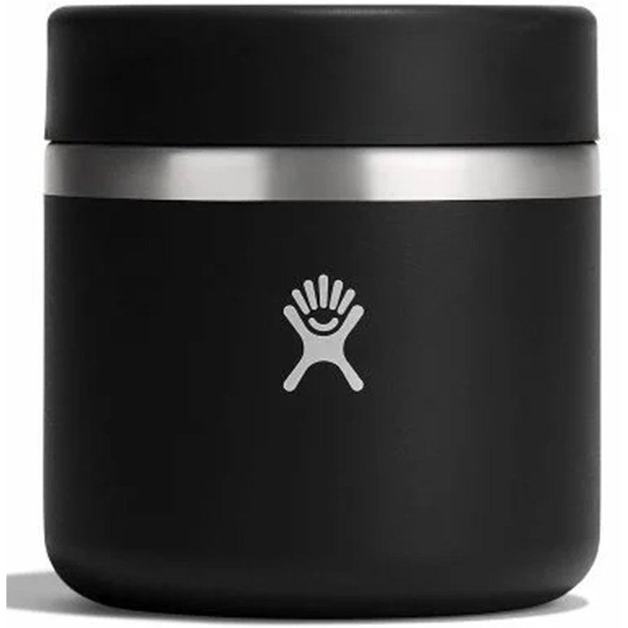 Black thermos with silver lid on a white background