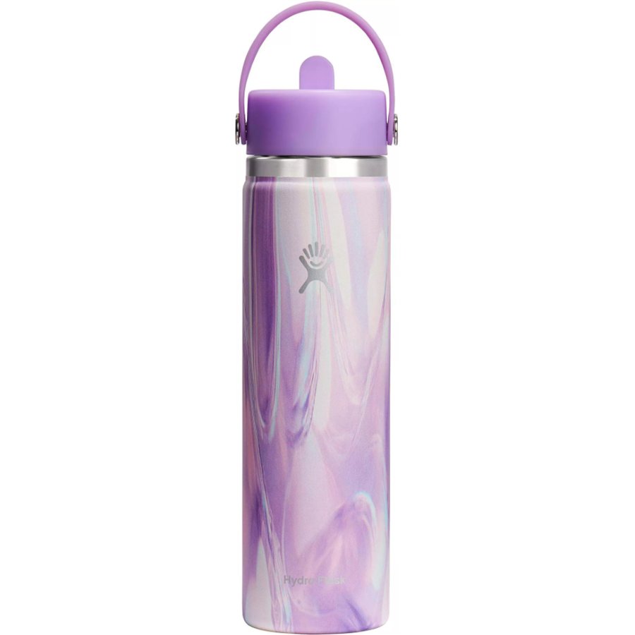 Marble-patterned water bottle with purple lid on a white background