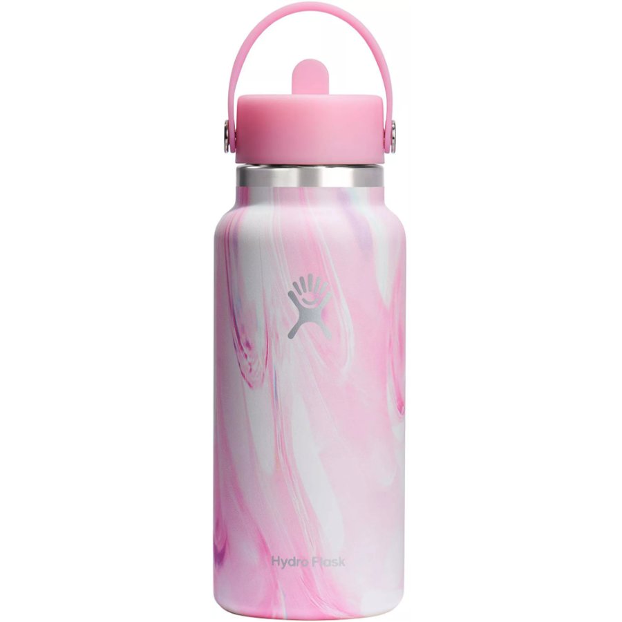 Marble-patterned water bottle with pink lid on a white background