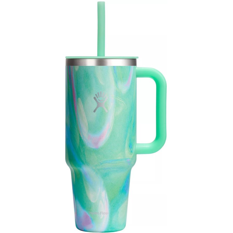Colorful marbled tumbler with handle and straw on a white background