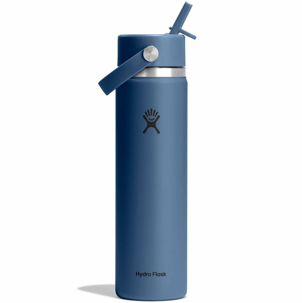Blue Hydro Flask water bottle with straw lid on a white background