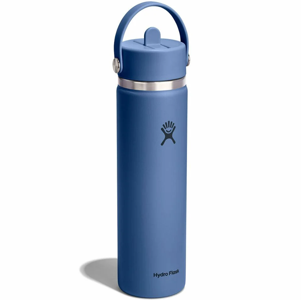 Blue Hydro Flask water bottle on a white background