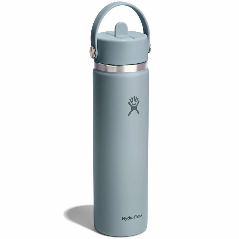 Hydro Flask water bottle with a blue lid on a white background