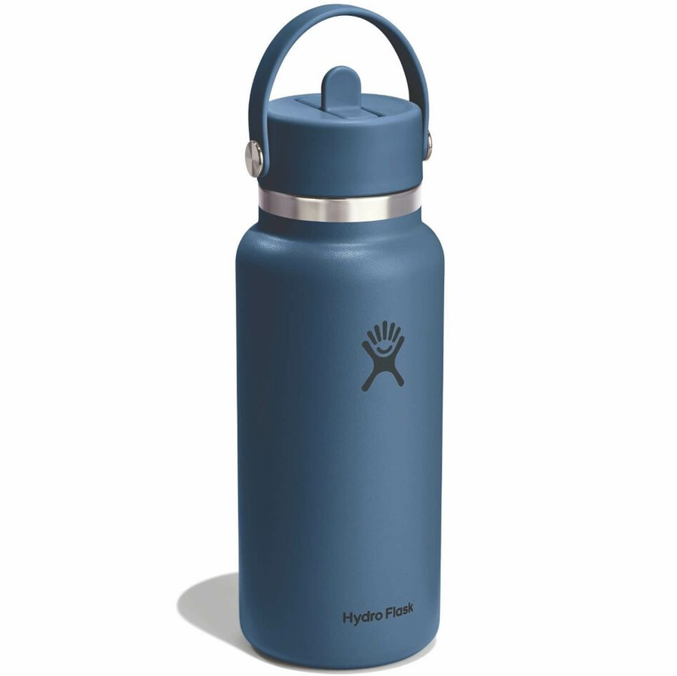 Blue Hydro Flask water bottle on a white background