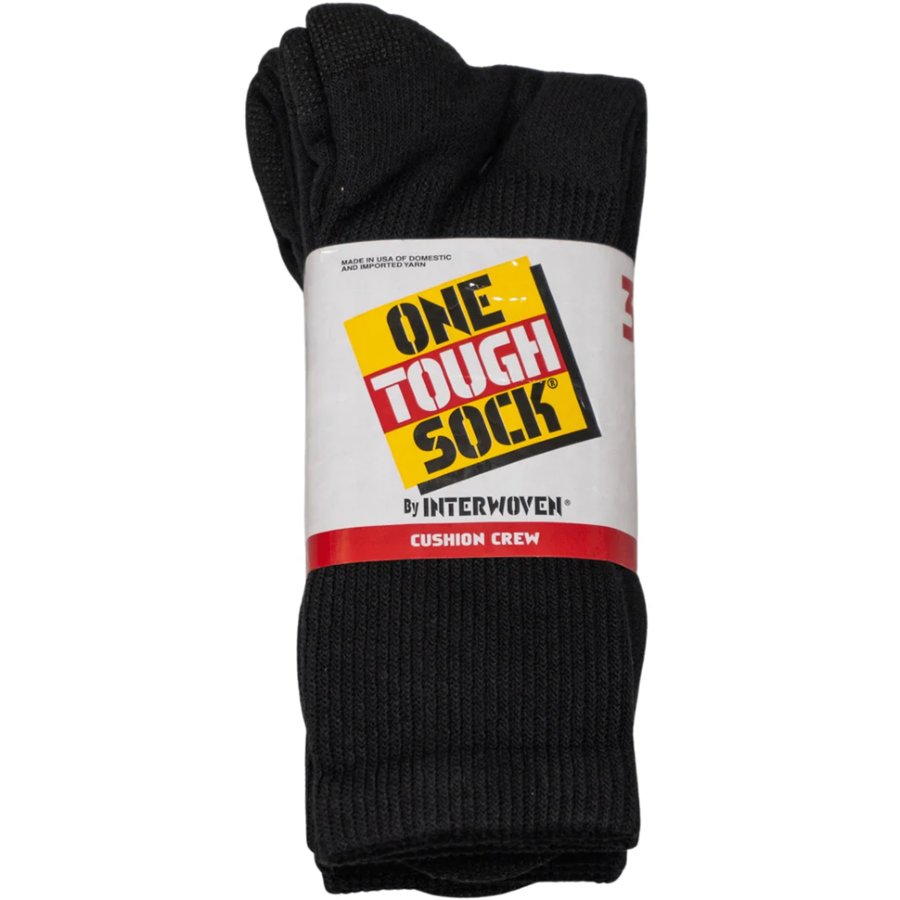 Black socks with a 'One Tough Sock' label on a white background