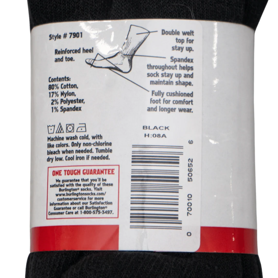 Back label of black socks with text and barcode on a white background