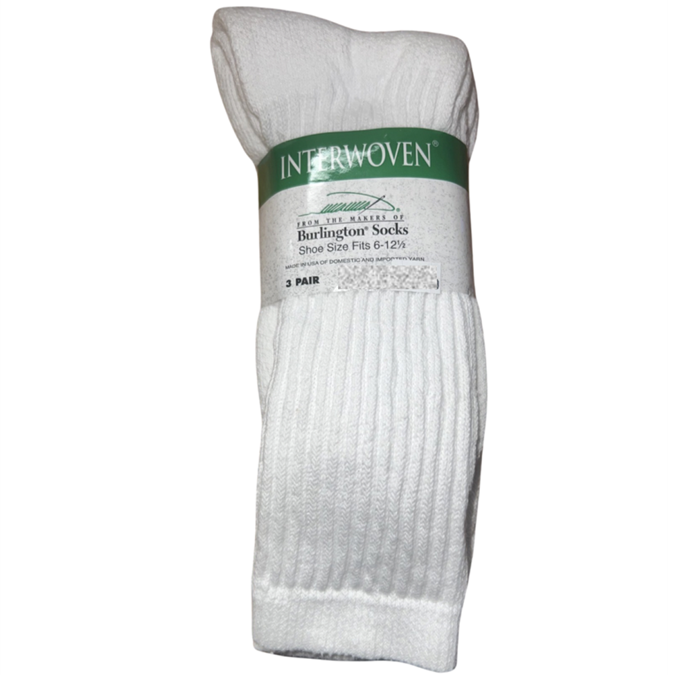 Pack of white socks with a green label on a white background