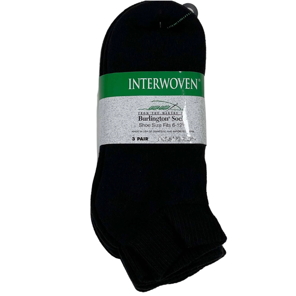 Pack of black socks with Interwoven label on a white background
