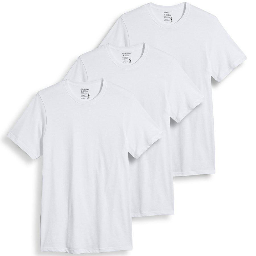 Three white t-shirts stacked on a white background
