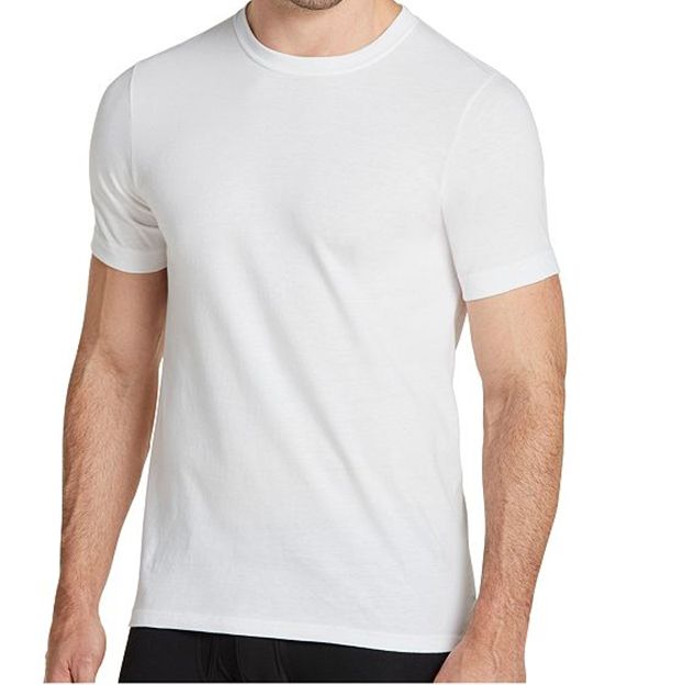 White t-shirt worn by a person on a white background