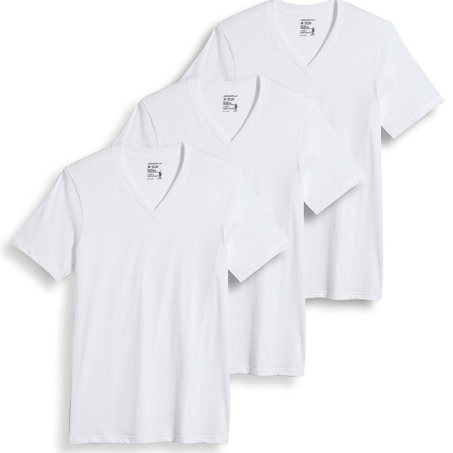 Three white V-neck t-shirts stacked on a white background