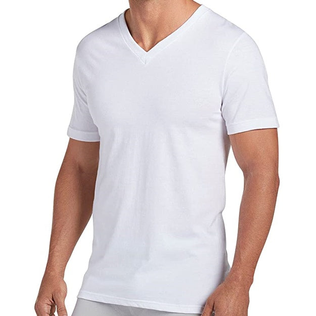 White V-neck t-shirt worn by a person on a white background