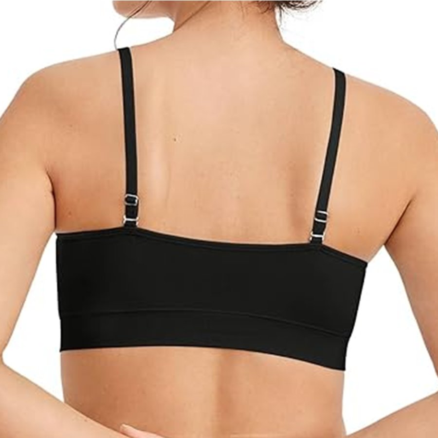 Black sports bra worn by a person on a white background