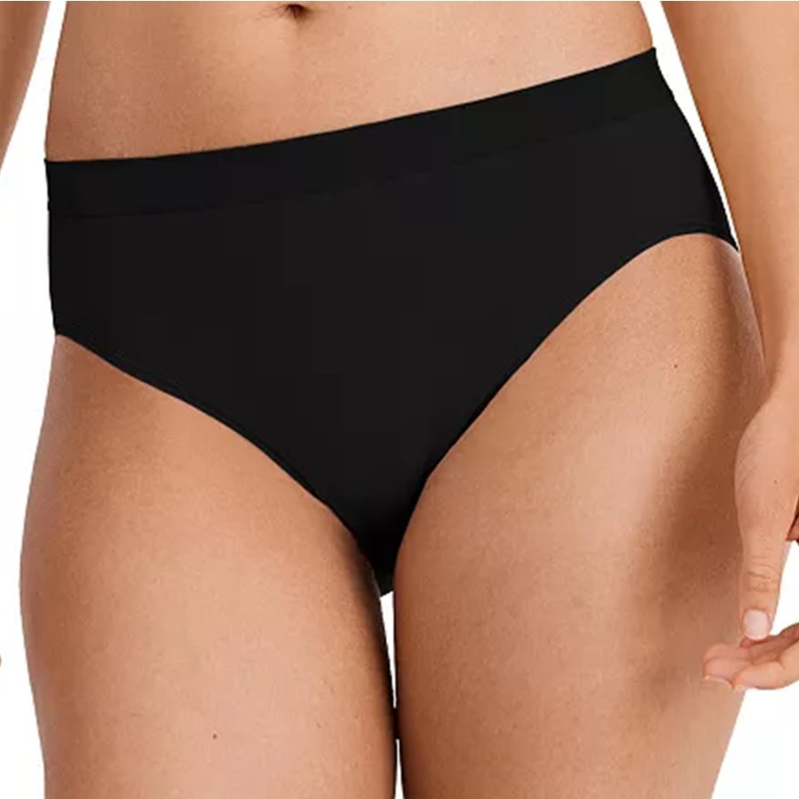 Black high-waisted bikini bottom on a white background