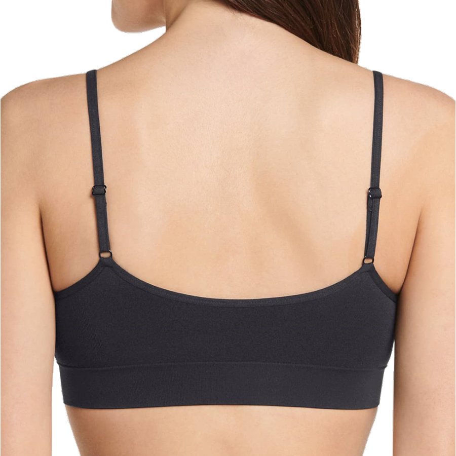 Black bra on a model with a plain background