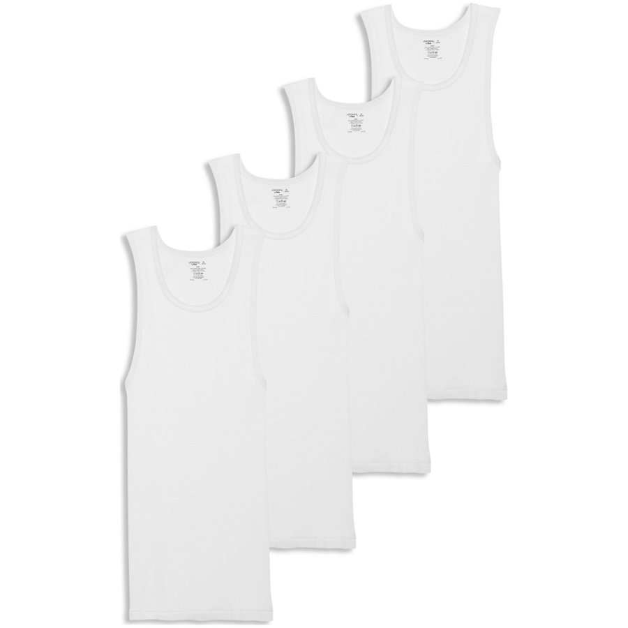 Four white tank tops stacked on a white background