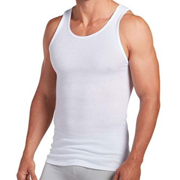 White tank top worn by a person on a white background