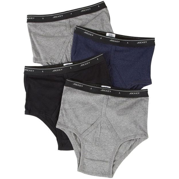 Set of four Jockey underwear packages in black, gray, and navy on a white background