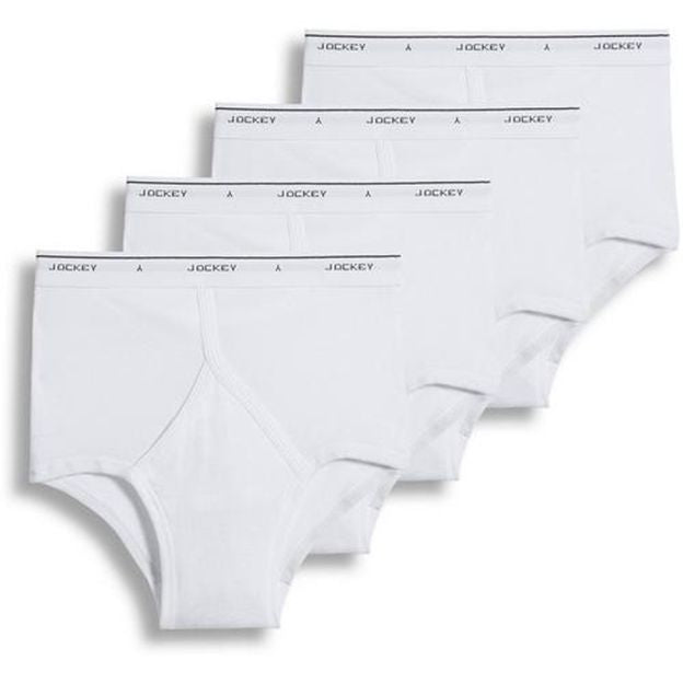 Three pairs of white Jockey underwear on a white background