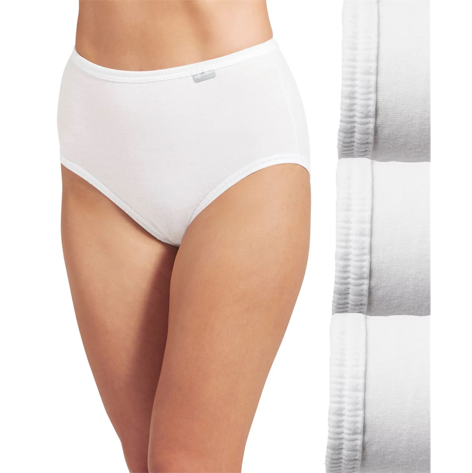 White underwear worn by a person on a white background