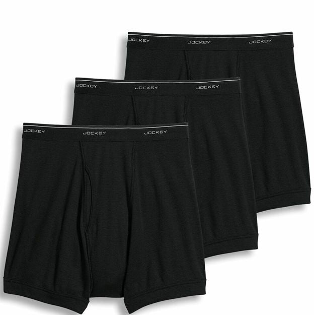 Three pairs of black Jockey boxer briefs on a white background