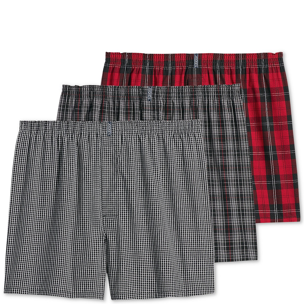 Three pairs of boxer shorts in plaid and checkered patterns on a white background