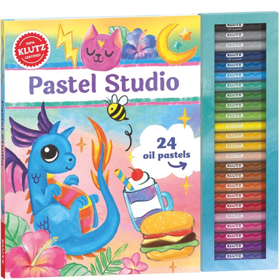Klutz Pastel Studio set with colorful pastels and a book featuring illustrations.