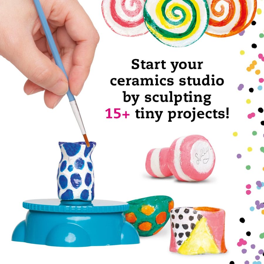 Ceramic sculpting tool with colorful ceramic pieces and text promoting ceramics studio.