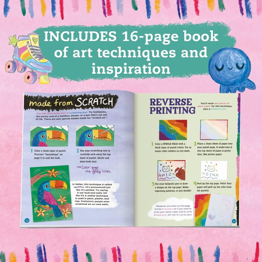 Open book showing art techniques with colorful illustrations on a pink background