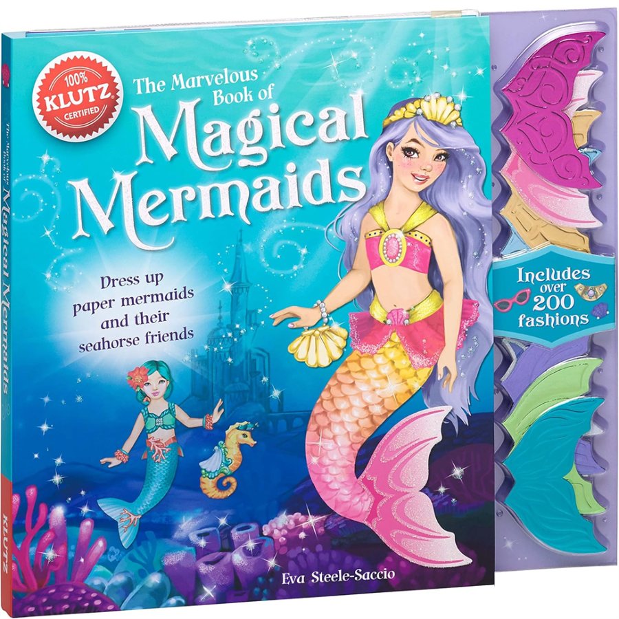 Book titled 'The Marvelous Book of Magical Mermaids' with mermaid illustrations on a blue background.